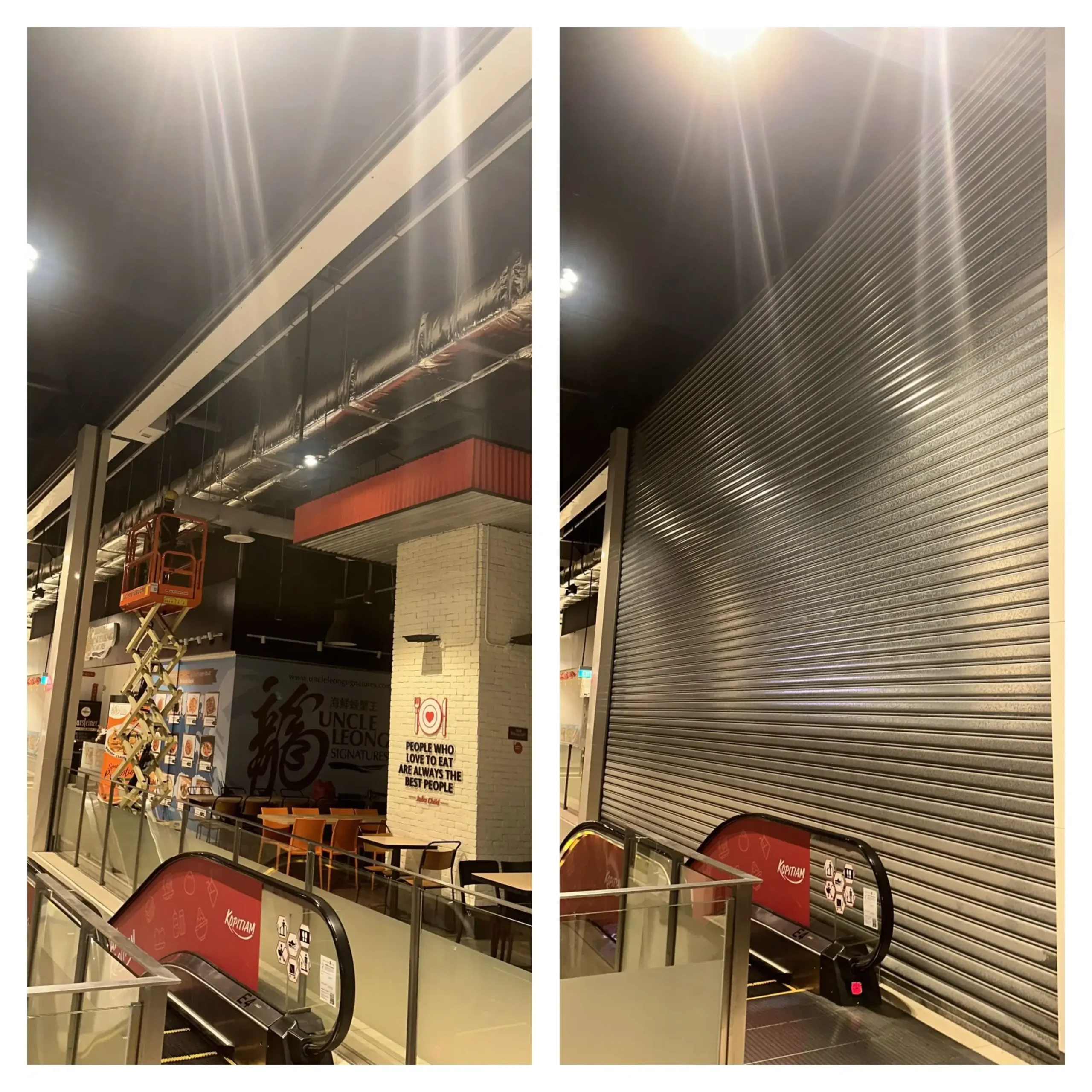 Technician performing roller shutter maintenance Singapore including shutter motor, springs, bearings and track servicing